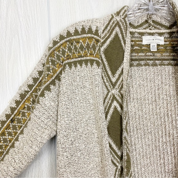 Lucky Brand | Green & Gray Aztec Print Open Front Cardigan Sweater Size Medium - Picture 8 of 10